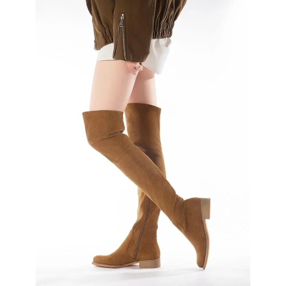 🆕Women's Brown Over The Knee Boots Thigh High Low Block Heel Pointed Toe Boots